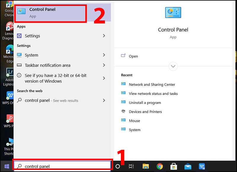Bước 1: Từ thanh tìm kiếm của Windows > Gõ từ khóa “control panel” > Chọn Control Panel.